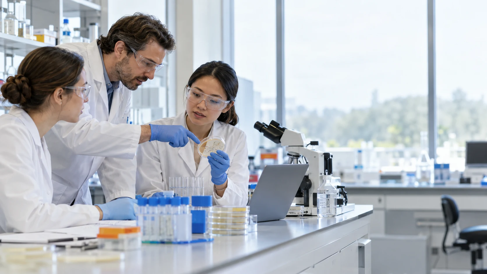 Researchers discussing laboratory findings in a modern research environment