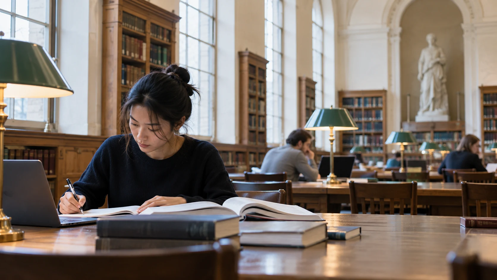 Researcher studying in an academic library
