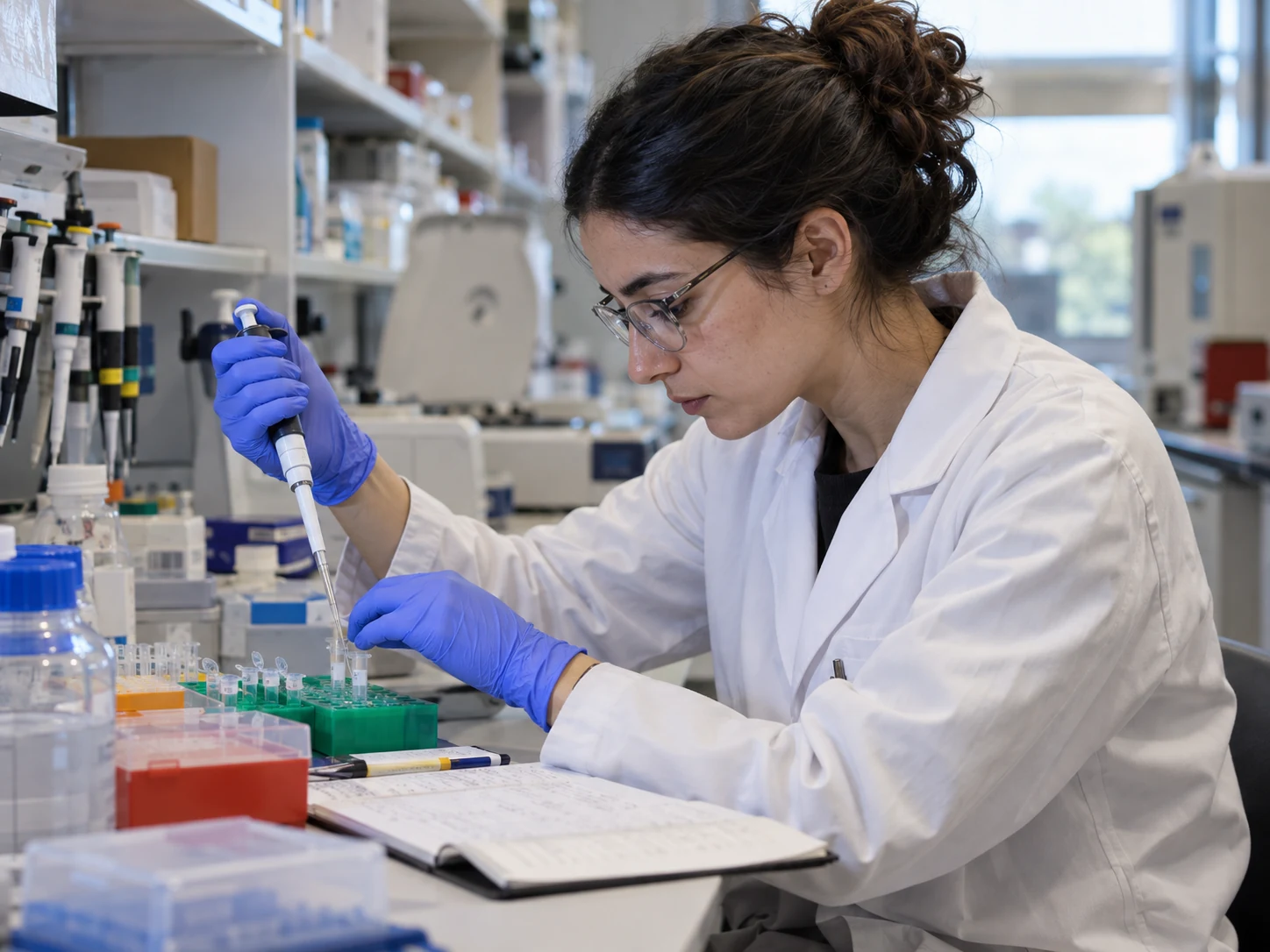 Researcher performing laboratory work with a pipette